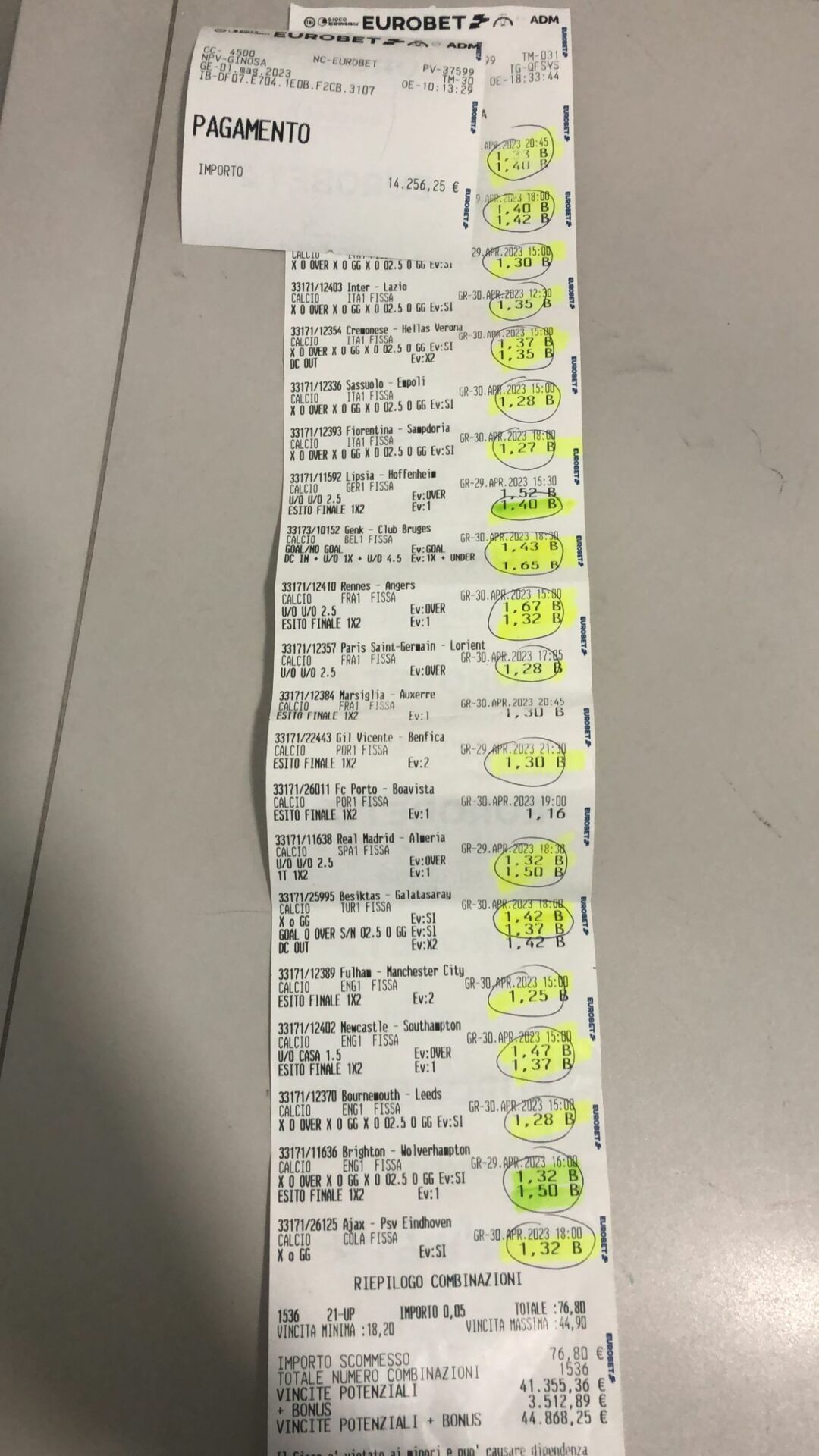 Vincita Eurobet sistema B | AGIMEG